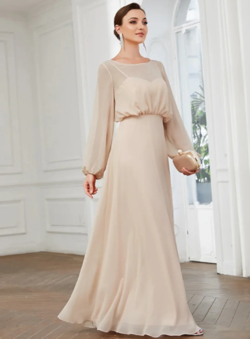 Jewel Neck with Buttons Floor Length Sexy Minimalist Gown Elegant Chiffon A-Line Prom Mother of the Bride Dresses for Women