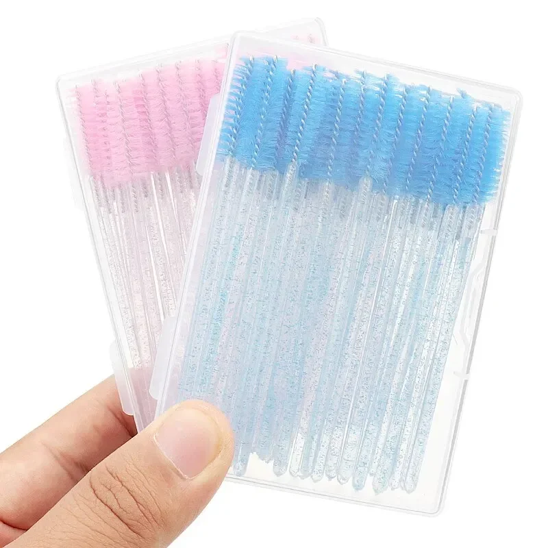 50Pcs Disposable Crystal Eyelash Extension Brush Mascara Wands Applicator Eyebrow Lashes Brushes with Flask Case Makeup Tools