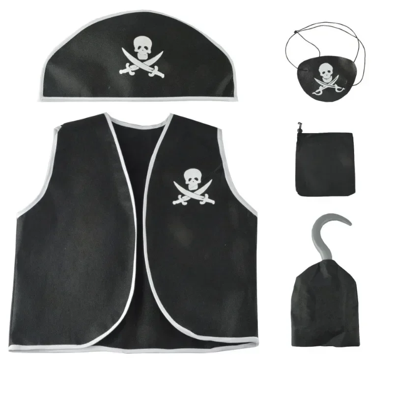 

2025 Costume de Pirate pour garçon, gilet noir avec chapeau à visière, ensemble de crochets et de sacs de Pirate pour filles