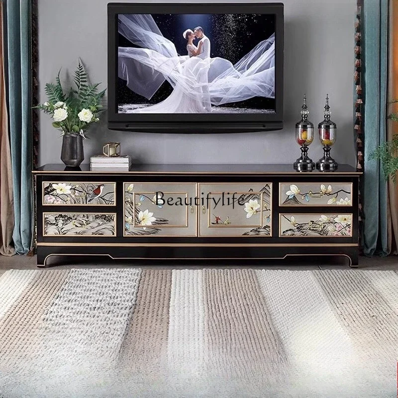 New Chinese TV Cabinet Modern Simple Small Apartment Living Room Painted Solid Wood Floor Cabinet