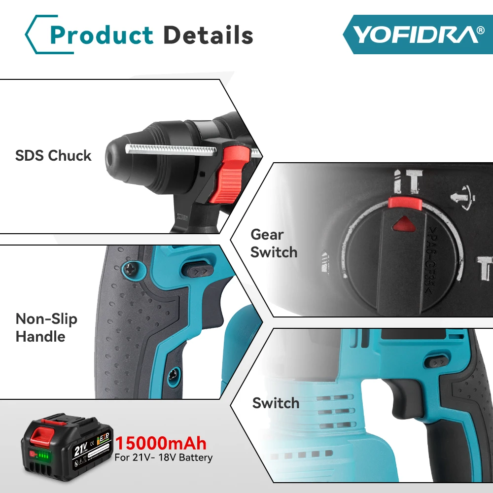 YOFIDRA 26MM Brushless Electric Hammer Drill Multifunctional Rotary Cordless Rechargeable Power Tools For Makita 21V Battery Pin