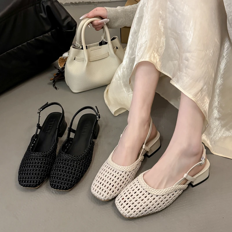

French Square-toed Woven High-heeled Sandals 2026 Summer New Skeletonized Fashionable Leather Fabric Mid-heel Women's Shoes