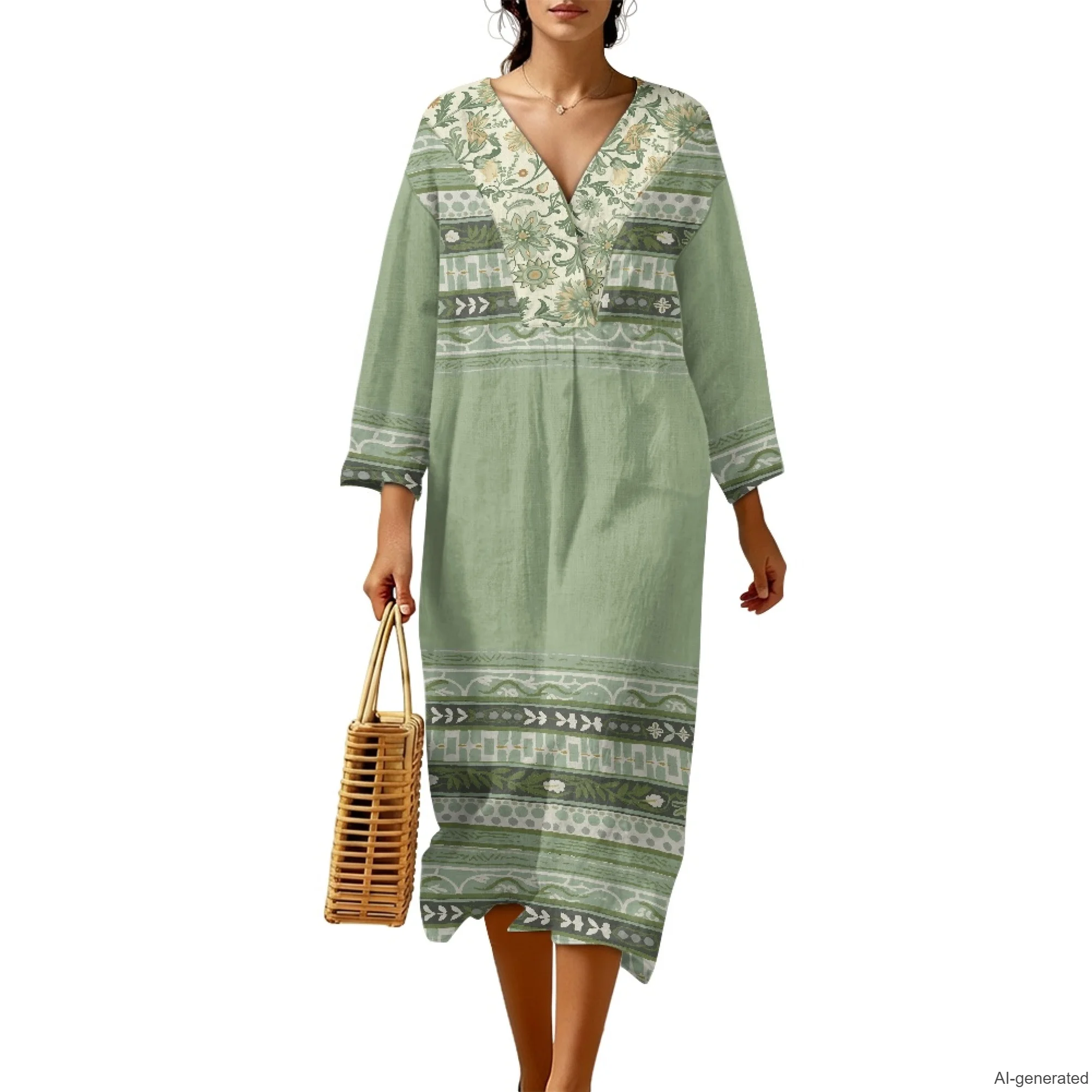 XIXIRIMIDO 2026 New Collection Women's Linen V Neck Dresses Retro Elegant Floral Print Robe Female Loungewear for Daily Vestidos