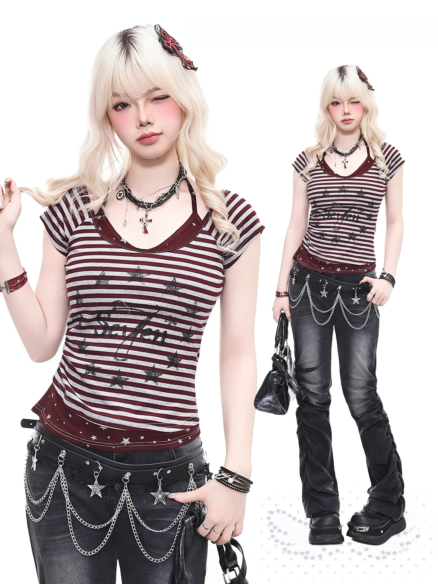 

Женская футболка в стиле ретро-субкультуры с принтом «Оранжевый мармелад», с коротким рукавом, приталенная, летняя, с полосатым принтом, имитация двухслойности, с вырезом на шее...