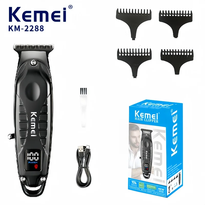 

Kemei KM-2288 Профессиональная машинка для стрижки волос для салона, противоскользящая конструкция тела, перезаряжаемая от USB, мужской триммер для ухода за волосами.