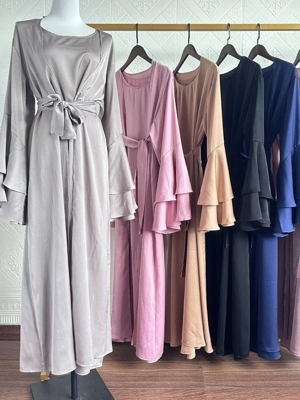 Ramadan Eid Djellaba Flare Sleeve Suits Abaya Dubai Two pieces Muslim Sets Abaya Turkey Muslim Islam Abayas With Belt WY1940