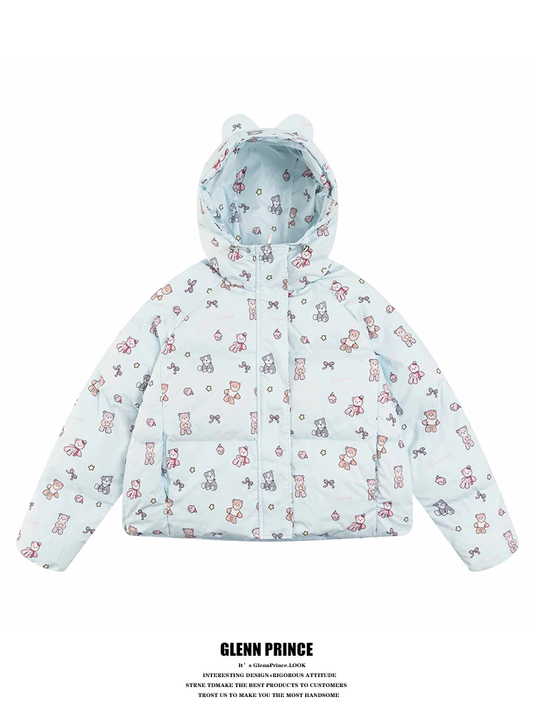 

Cute Bear Print Hooded ort Cotton Jaet Women's Winter Thiened Warm Coat GPstudio Sweet Sle Loose Fit Long Sve Zipper