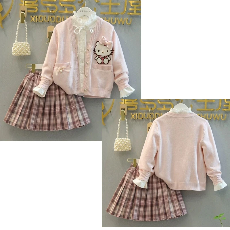 

Детский кардиган-рубашка с юбкой Hello Kitty, комплекты Sanrio для девочек, модный свитер Kawaii с героями мультфильмов, весенне-осенняя одежда из 3 предметов, подарок для девочек