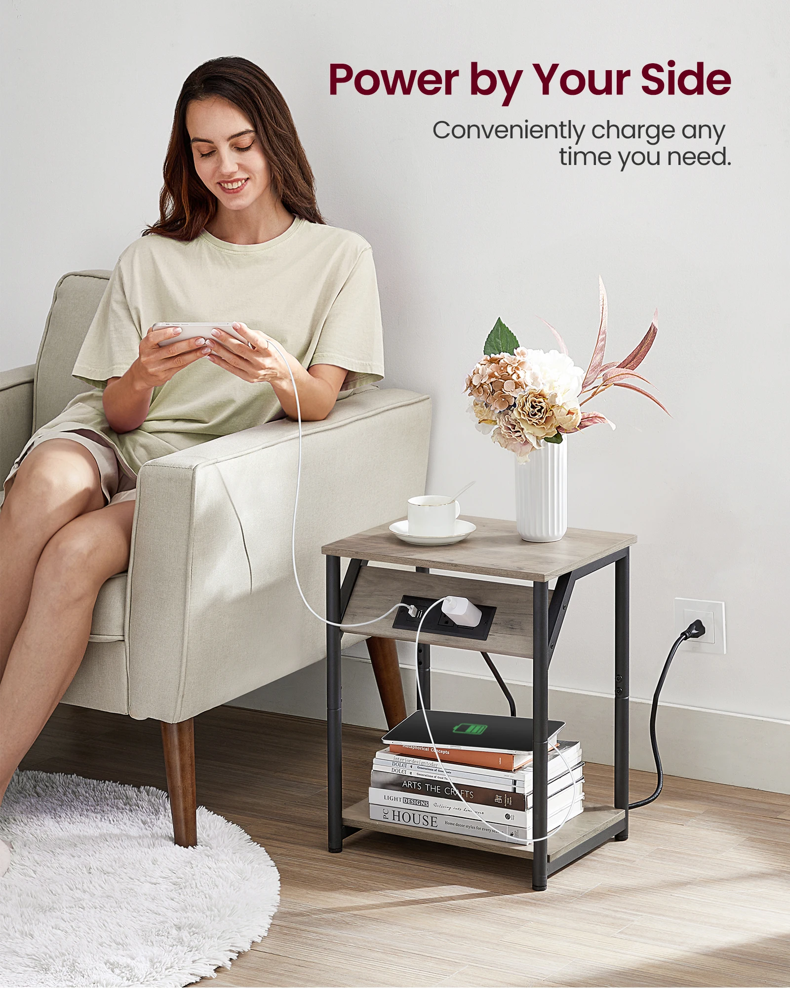 VASAGLE End Table with Charging Station, Small Side Table for Living Room, Bedroom, Nightstand with Outlets and USB Ports