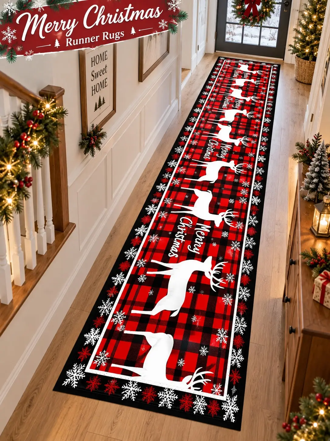 Christmas Aisle Runners Reindeer Plaid Snowflakes Lettering Runner Rugs Long Carpet Hallway Entryway Kitchen Laundry Room Bedroom Floor Decor Winter Home Furnishing Holiday Gathering Apartment Birthday Anniversary Gifts for Family and Friends
