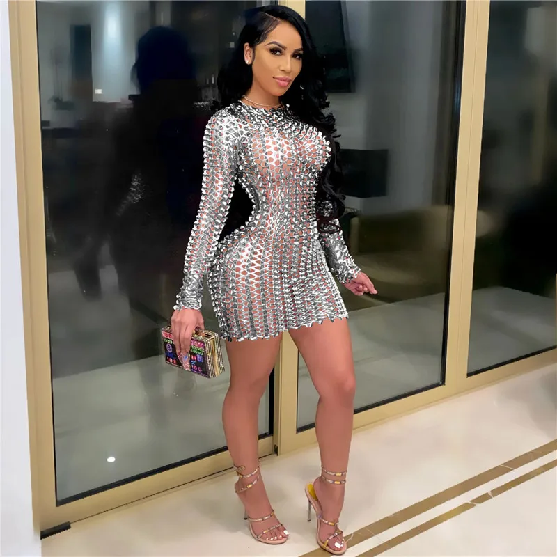 Sexy Hole Bodycon Mini Dress Long Sleeve O Neck Women Party Nightclub Wear Outfits New Fashion Hollow Out See Through Dress