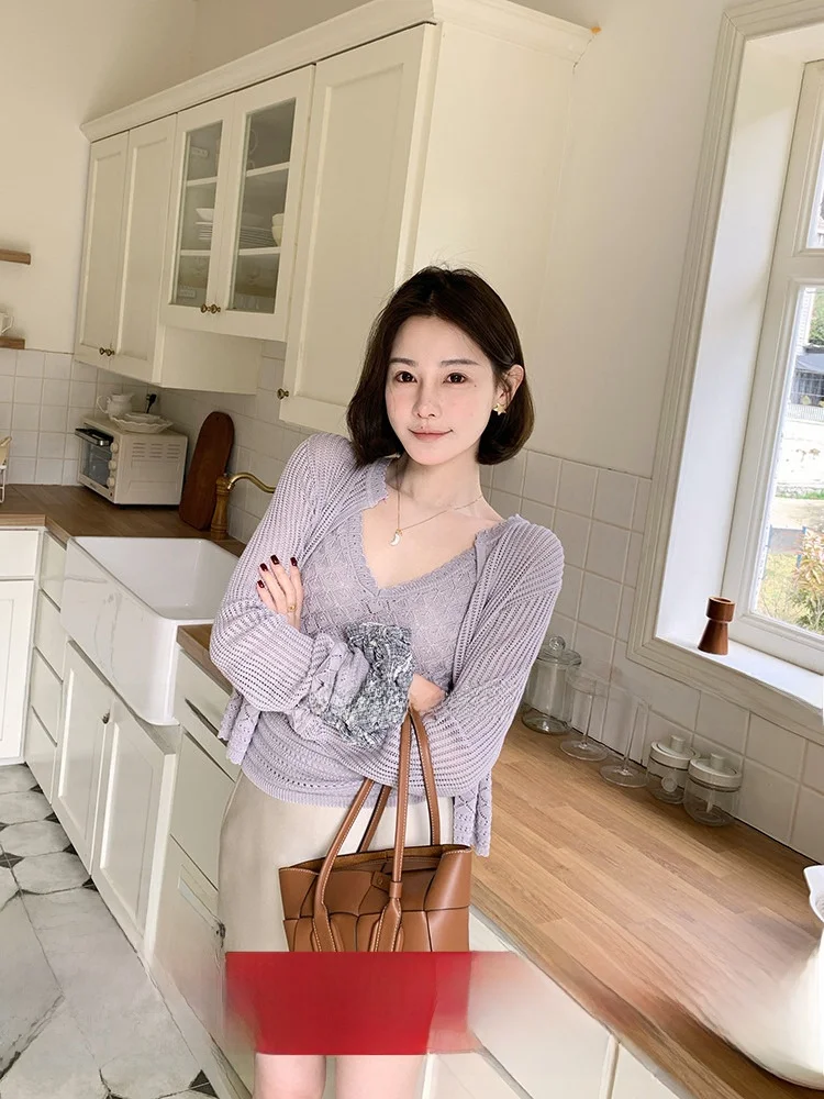 

ARE GuaGua Women's Summer Loose Knitted V-Neck Hollow out Cardigan Long Sleeve Two-Piece Set Fashionable Breathable Clothing