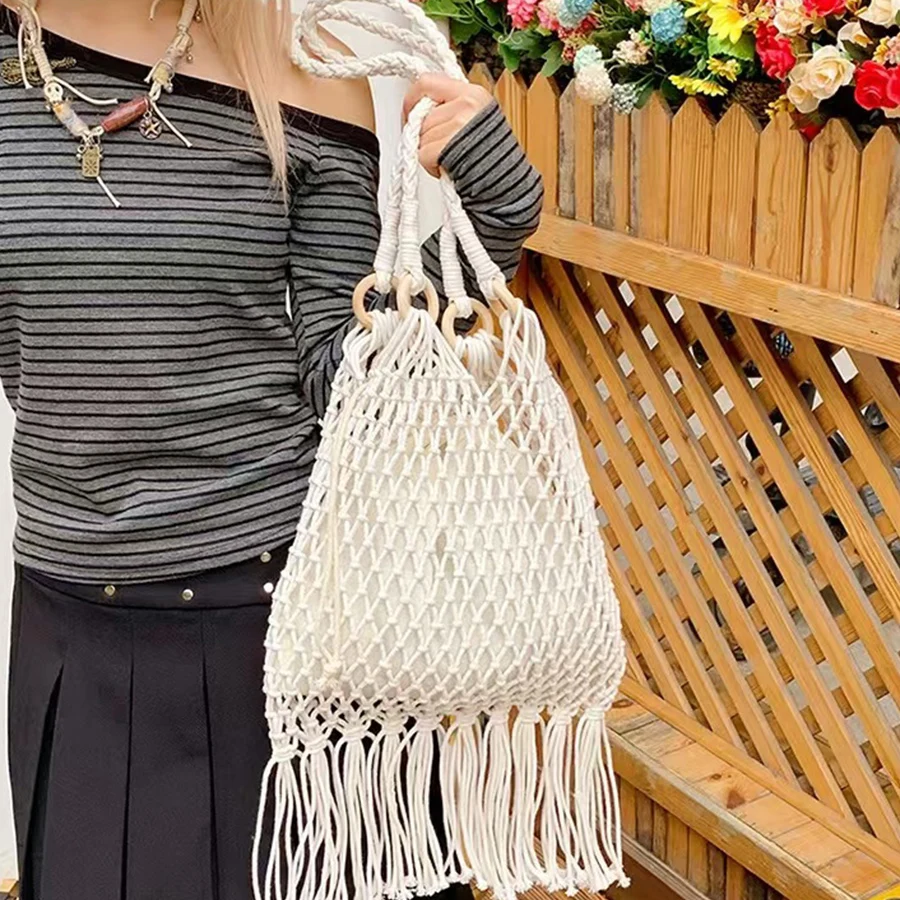 

Summer Woven Tassel Bag for Women Handbags Handmade Knitted Beach Boho Shoulder Bag Large Tote Bag Hollow Out ECO Shopping Bag