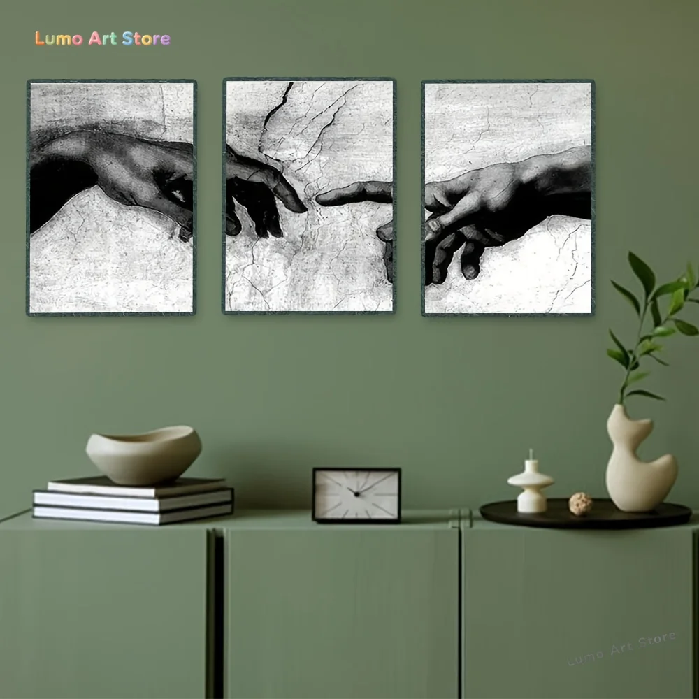 2D Flat, 3pcs Set Michelangelo's Creation of Adam Art Prints - Black & White Line Drawings, Renaissance Classic Reproduction,