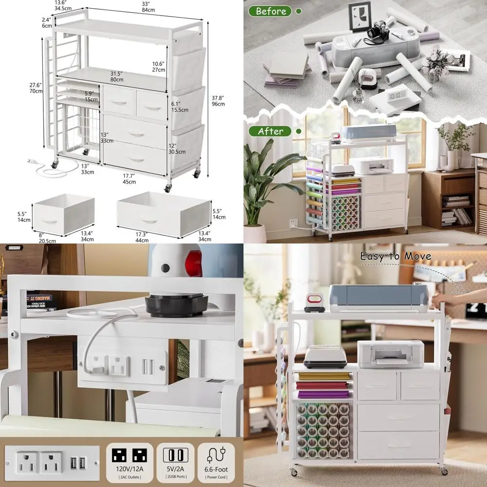 

Тележка для хранения рукоделия на колесиках с тканевыми ящиками и виниловым держателем для домашнего творчества (белая)