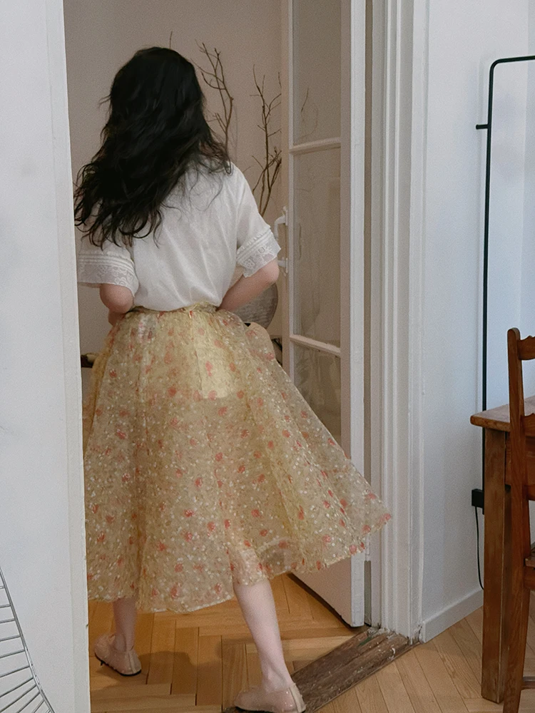 

Винтажная юбка из органзы с цветочным принтом в стиле масляной живописи, пышная, с оборками, с завышенной талией, А-силуэт, повседневная женская юбка