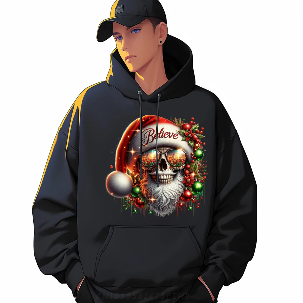 Believe in Santa Claus Skull Face Sunglasses X-Mas Winter Men Graphic Tees Men's Clothes Printed