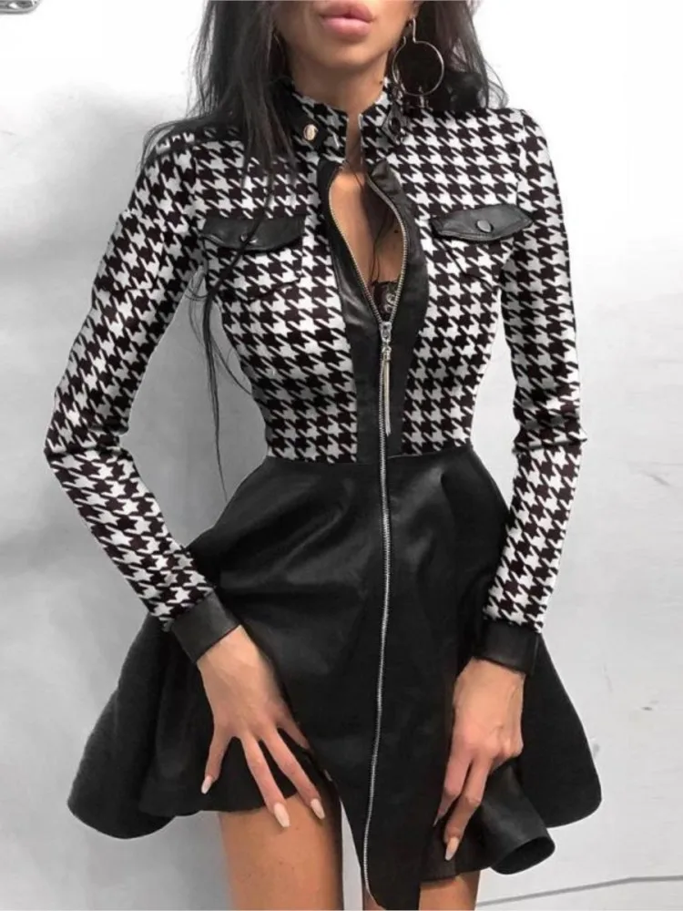 

Zipper Pockets PU Leather Dresses Women Sexy Lace Mesh Sleeve Patchwork Party Dress 2025 Autumn Elegant Stand Neck Mini Vestidos