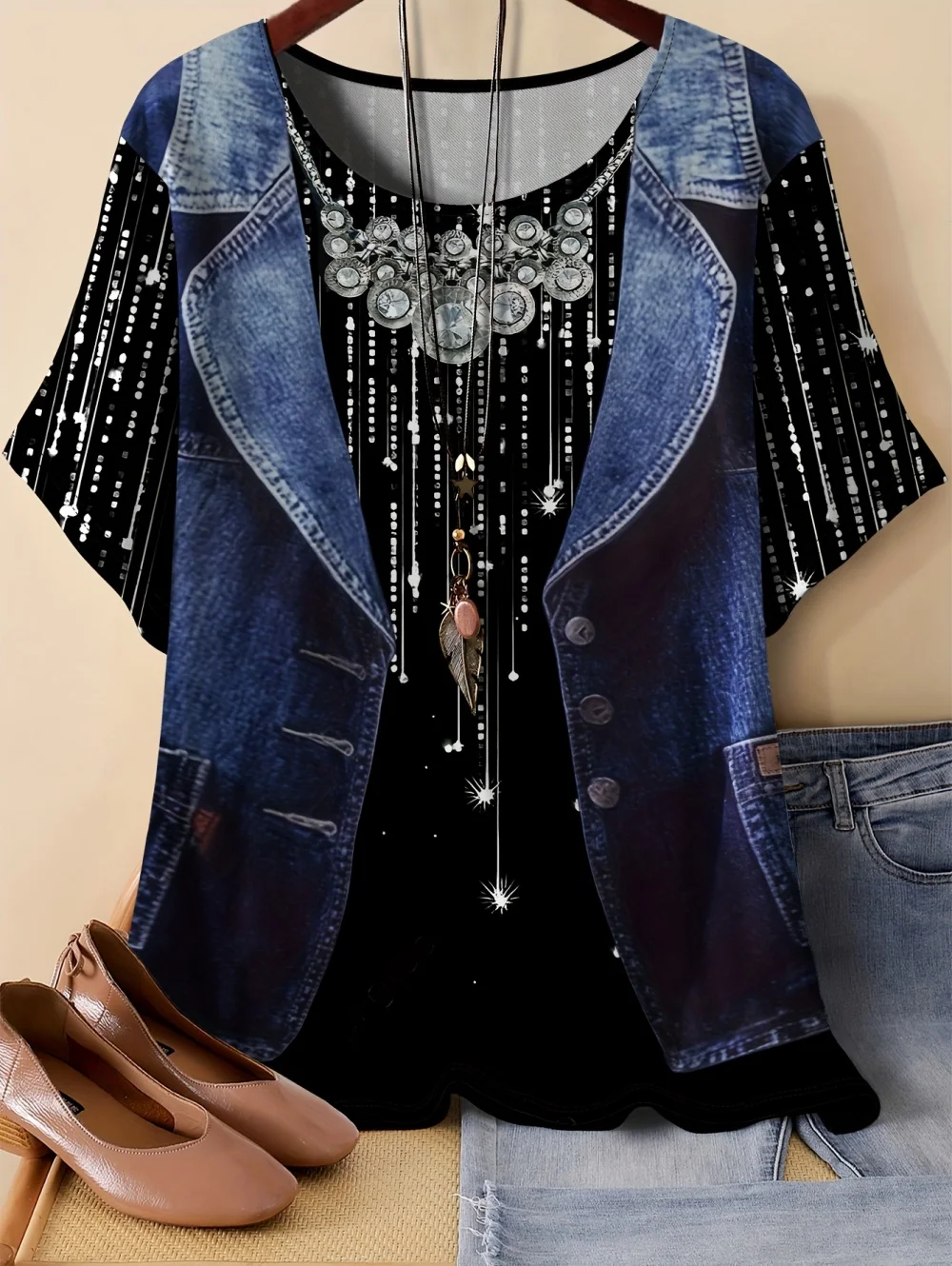 Plus Size Women's T-Shirts Imitation Denim Casual Short Sleeved Round Neck Top T-Shirt Versatile Comfortable Women's Clothing