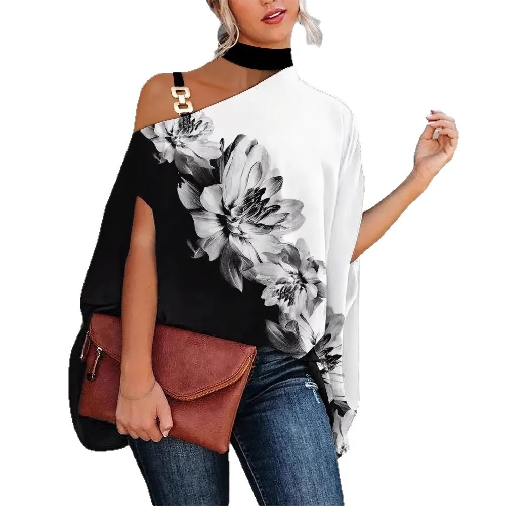 Summer Womens Blouse Printed Short Sleeve Off Shoulder Blouses Floral Print Chiffon Blouse Peacock Print Abstract Leaf Top