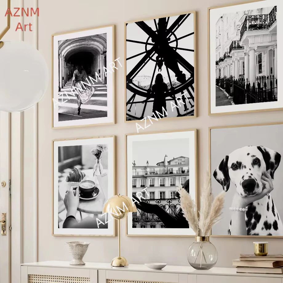 Paris Girl Old Building Coffee Dog Landscape Wall Art Painting Black White Posters Pictures For Living Room Decor Canvas Prints