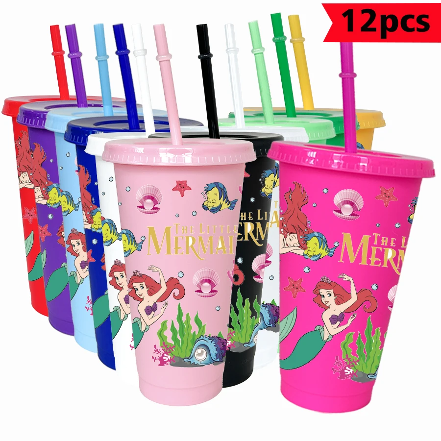

12 шт./упак. Дисней Русалка Принцесса 26 унций цветной пластиковый стакан для дня рождения, питьевая посуда, кружка для сока, кофе