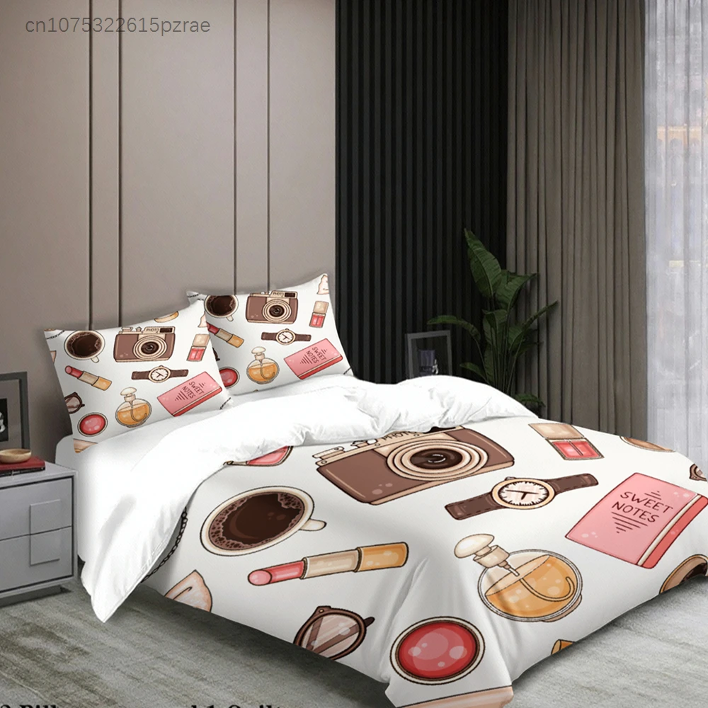 3pcs Bedding Sets 3D Printed Camera Coffee Perfume And Watch Duvet Cover Sets With Pillowcases No Filling