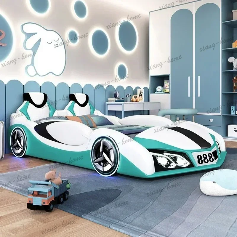 FG Children's Car Bed Boy Guardrail Cartoon Multi functional 1.5-meter Feitian car door front storage audio light Bedroom Furnit