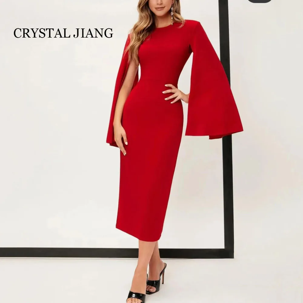 Sexy Short Red O Neck Crepe Evening Dresses Puffy Sleeves Mermaid Tea Length Vestidos De Fiesta Party Gowns for Women