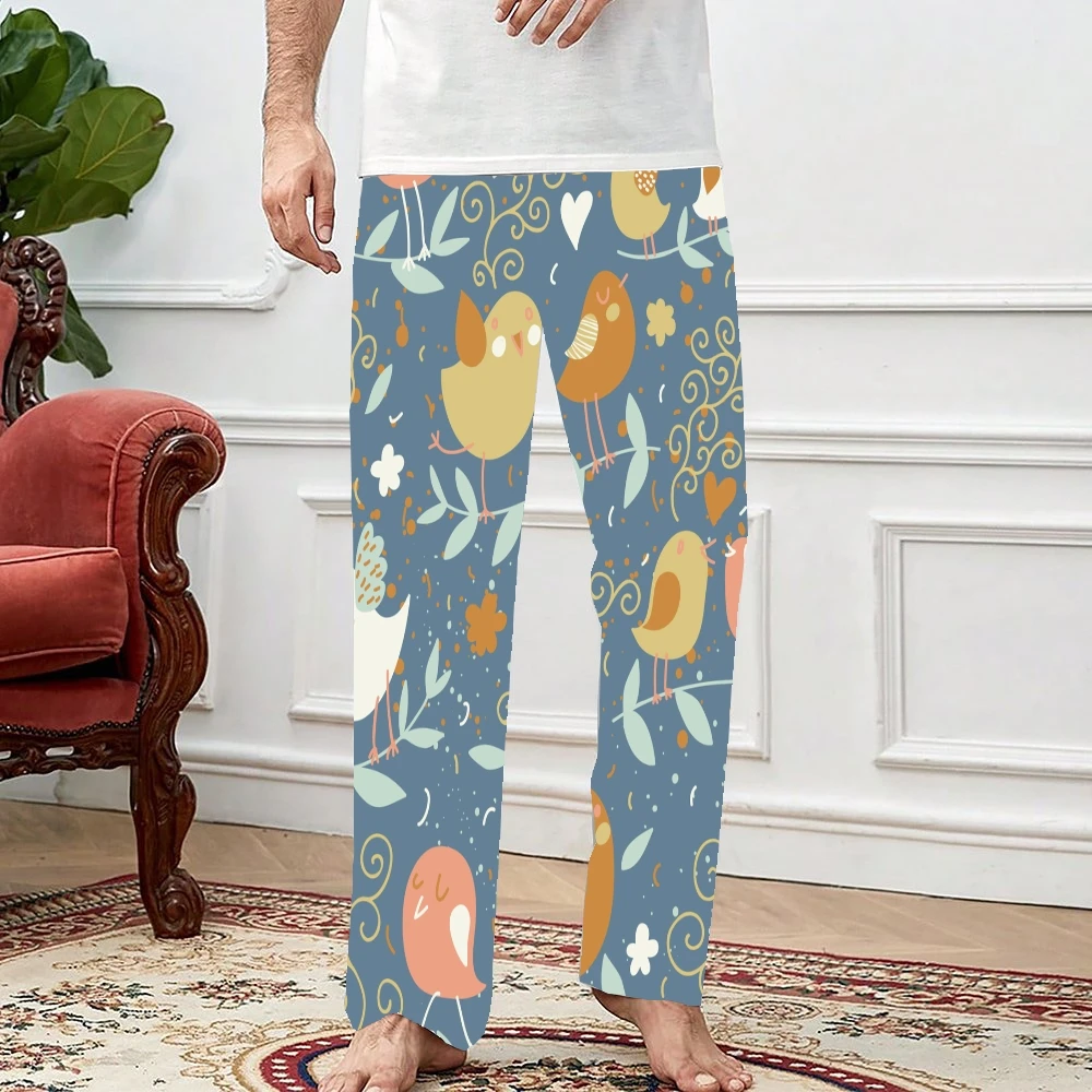 Pantalones de pijama con patrón de flores y pájaros para hombre y mujer, ropa de dormir supersuave, Unisex, con bolsillos y cordón