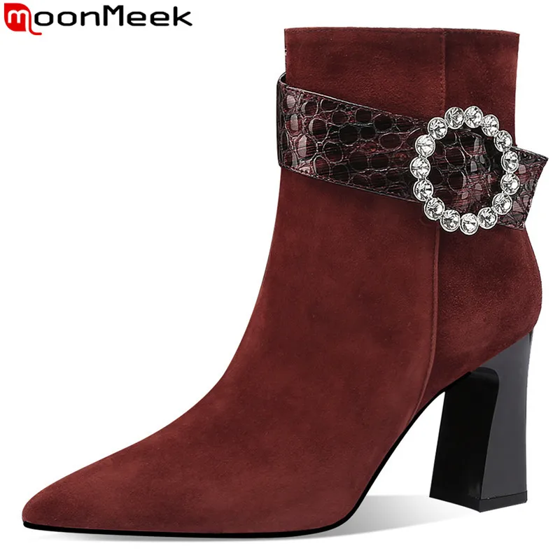 

MoonMeek 2023 New Kid Suede Leather Women Winter Boots Pointed Toe Thick High Heels Shoes Top Quality Female Zipper Ankle Boots