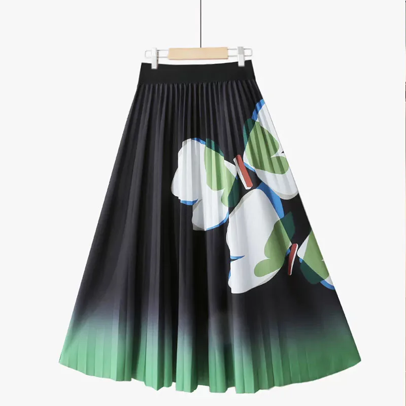 Fashion Casual Midi Pleated Skirt Women Fashion Printed Flower A Line Elastic High Waist Spring Autumn Skirt Female Ladies Falda
