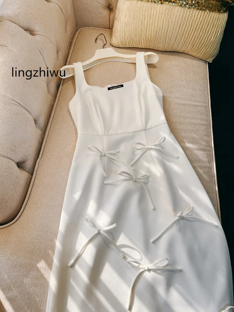 

lingzhiwu French White Dress Square Collar Bow Decoration Dresses Slim Ladies Formal Vestidos Female New Arrive