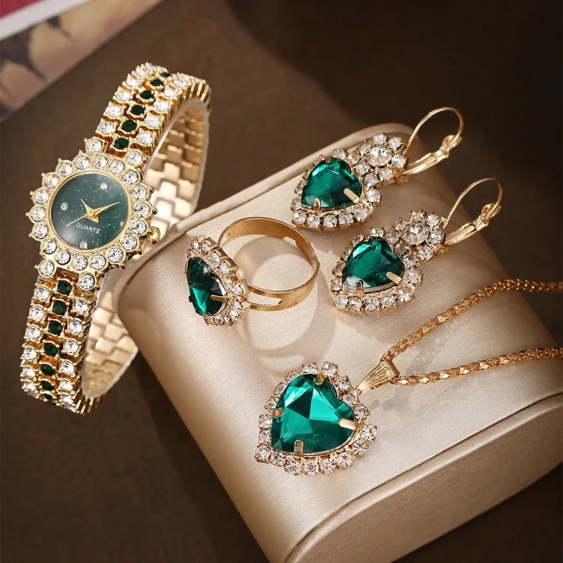 5pcs/set Women's Watch Luxury Rhinestone Gold Bracelet Watch Exquisite Small Round Flowers Dial Ladies Wristwatch Gifts