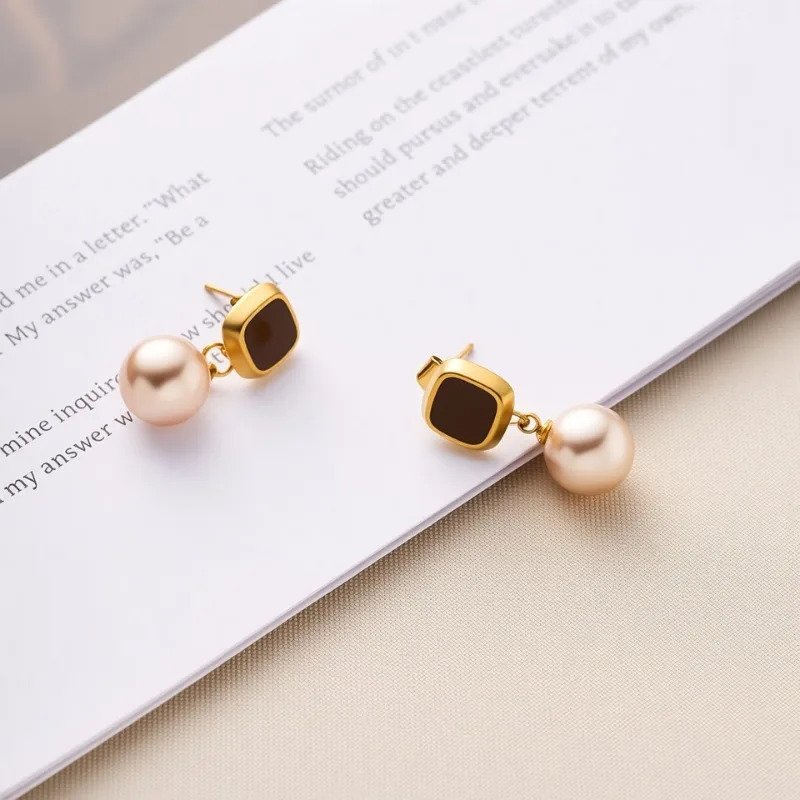 الرجعية الكلاسيكية الذهب اللون الفولاذ المقاوم للصدأ مربع براون المينا جولة اللؤلؤ وأقراط للنساء الفتيات مصمم المجوهرات لا تتلاشى #3