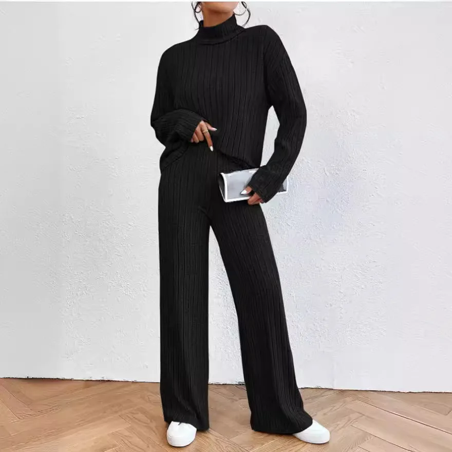 Women\'s Two Piece Suits Knitted Matching Outfits High Neck Loose Sweater And Pants Tracksuit Solid Color Autumn Sweater Sets