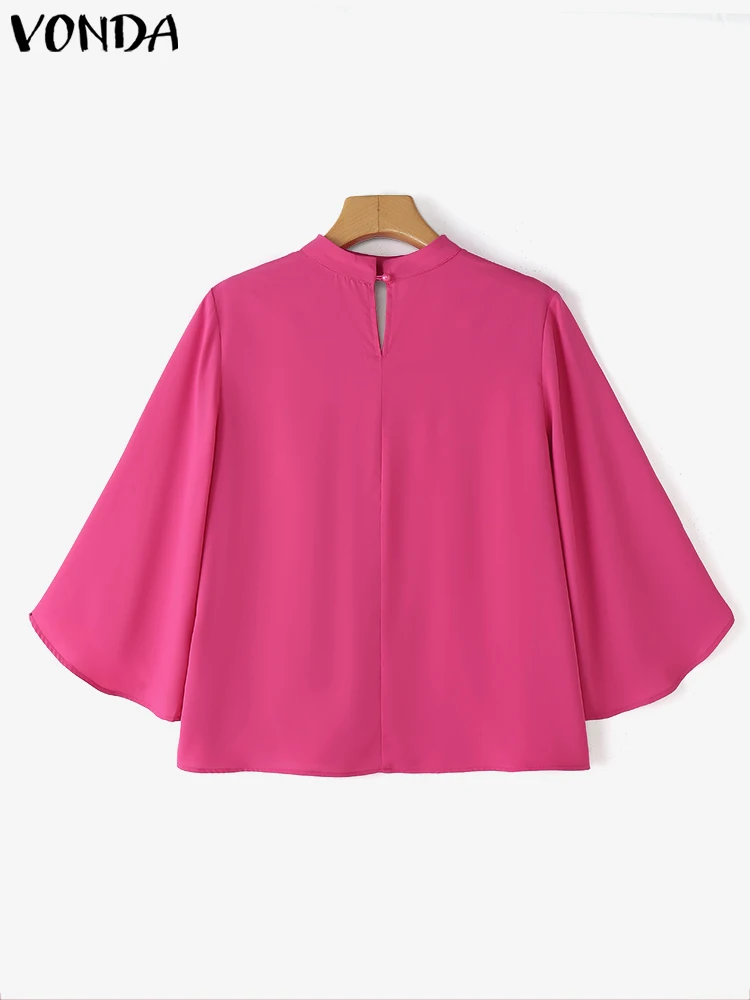 بلوزة فوندا مقاس كبير قمصان عمل نسائية أنيقة OL 2025 سترة مفرغة غير رسمية للسيدات برقبة على شكل V 3/4 كم بلون سادة Blusa