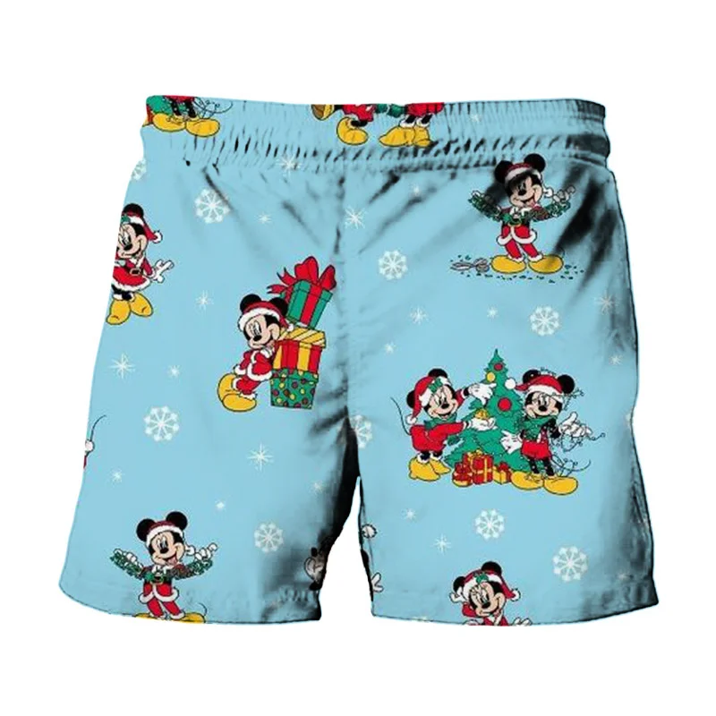 2024 Christmas New Disney Miniso Stitch And Mickey Minnie Anime Print Summer Men\'s Fashion Beach Party Casual Shorts Y2K