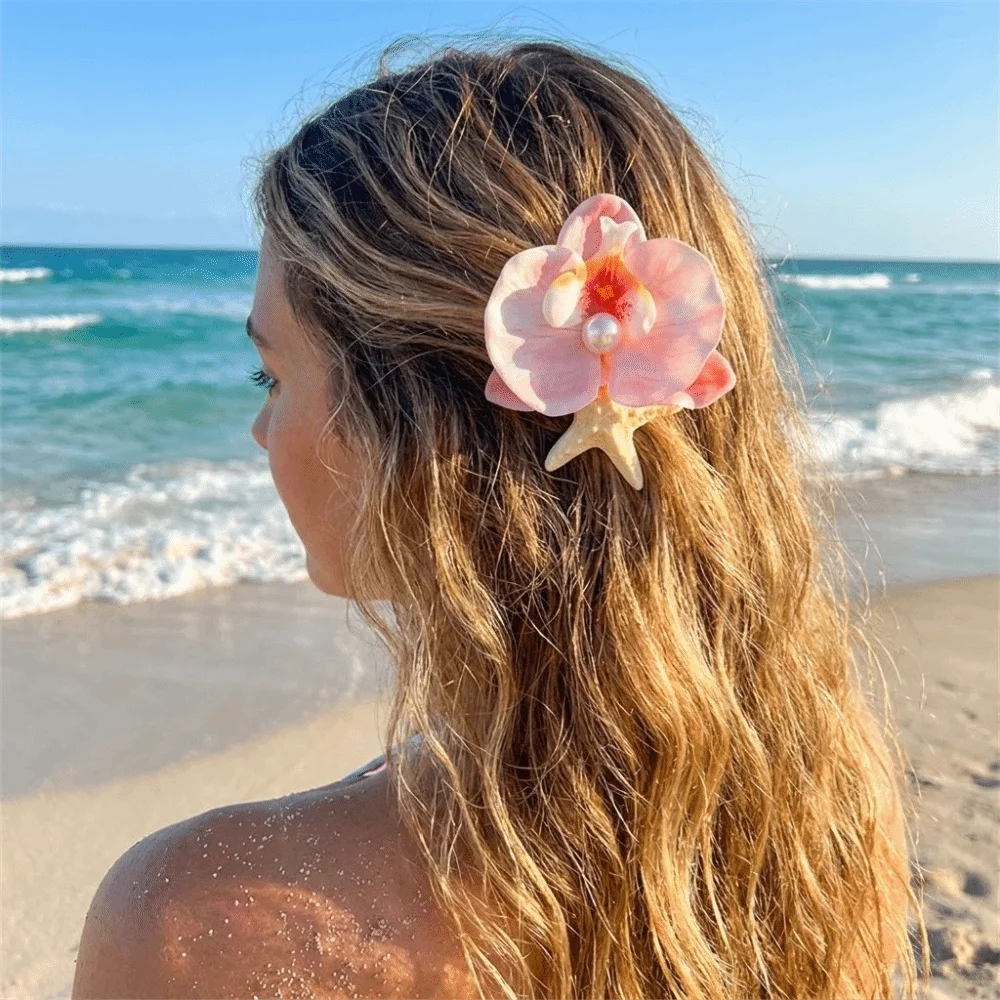 

Sweet Design Orchid Flower Hairpin Vintage Summer Pearl Hair Clip Handmade Trendy Resin Starfish Hair Clip Bohemian Style