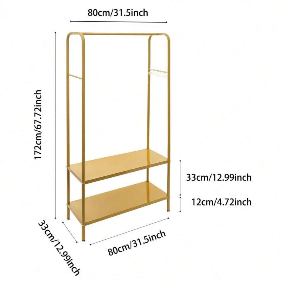 Modern Gold Clothes Rack with Bottom Shelves and 6 Hooks, Heavy Duty Floor Standing Garment Rack Coat Tree, Adjustable Pads, Metal Clothing Storage Organizer for Hanging Coats Jackets Hats Bags Towels, Freestanding Wardrobe Rack for Entryway Bedroom view 4
