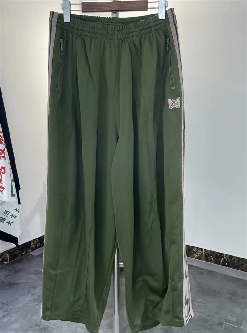 2025ss Olive Green AWGE Wide Leg Sweatpants Men Women Top Quality Butterfly Embroidery Pants Oversized Striped Trousers