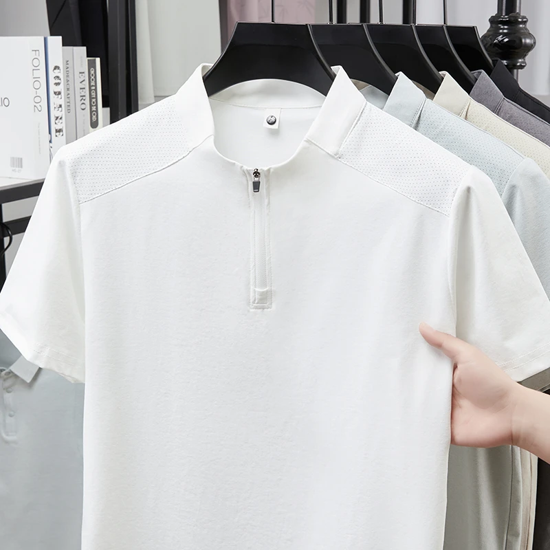 Herren Kurzarm-Poloshirts mit Halbem Reißverschluss und Stehkragen Lässige Sommer-Oberteile Leichte Atmungsaktive Hemden für Männer – Detail 9