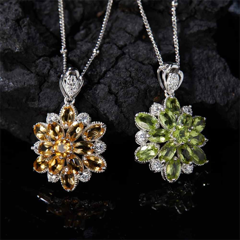 

Ожерелье из натурального драгоценного камня для женщин, корейское серебро S925, 3D цветок цитрин перидот, легкая роскошная цепочка на ключицу