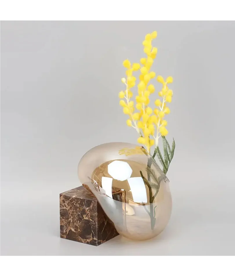 

Transparent Brown Glass Vase Creative Marble Base Flowers Pots Desk Decoration Flower Arrangement Floral Vases Modern Home Decor
