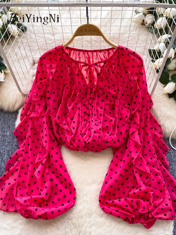 

Beiyingni Korean Oversized Blusas for Women Dots Print Lace-up Ruffles Temperament Casual Shirt Lady Chiffon Blouses Black Top