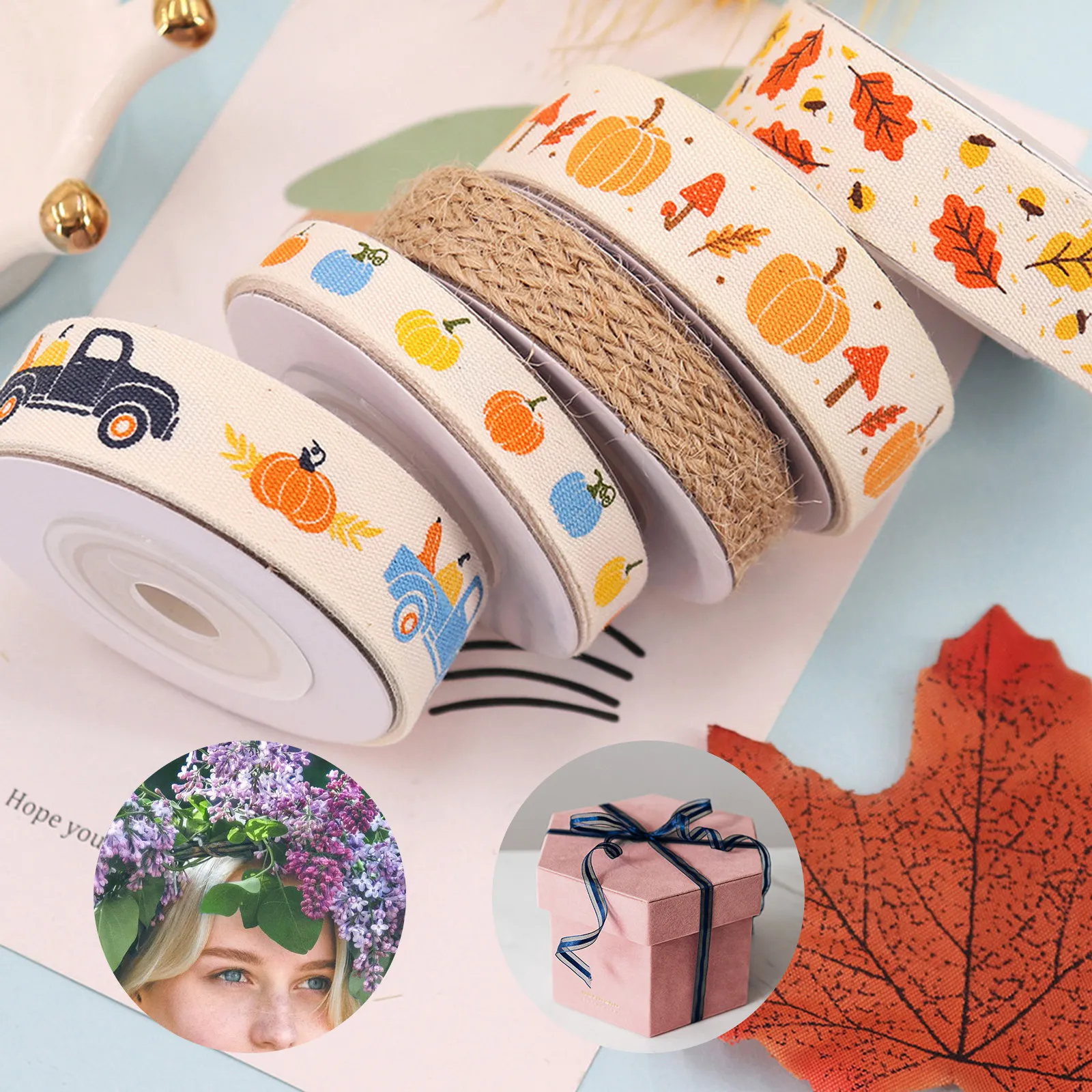 

5 рулонов ленты с тыквами и грузовиками для Дня благодарения, лента для рукоделия, для упаковки подарков, украшения вечеринок, изготовления венков