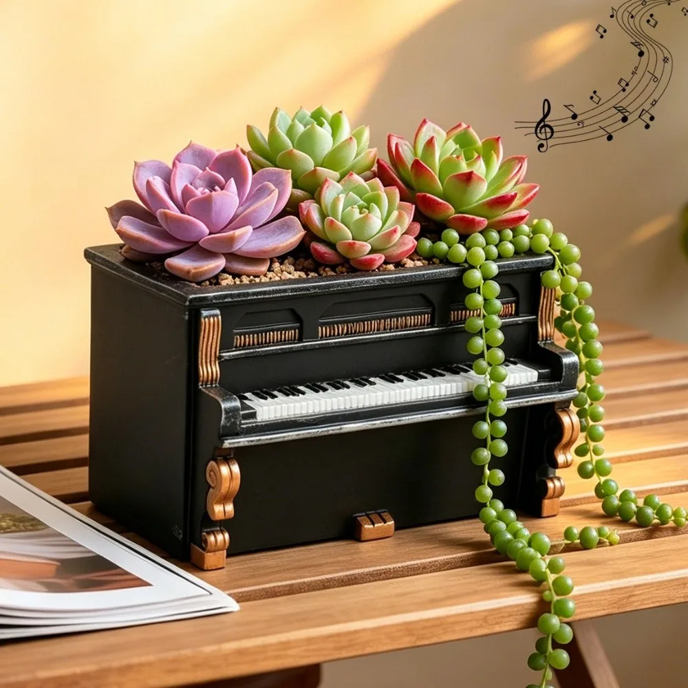 Personality Decor Retro Style Piano Flower Pot Gold Trim Unique Piano Planter Decorative Piano Shaped Pen Holder Home Decor