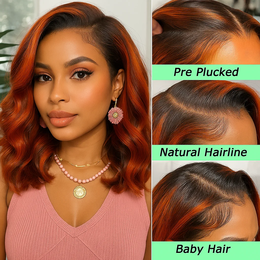 # Peruka typu bob z krótkimi włosami, falowane, z przedziałkiem z przodu, wykonana z ludzkich włosów, ombre balayage, bez kleju, 13x4, w kolorze ginger brown highlight, dla czarnoskórych kobiet.