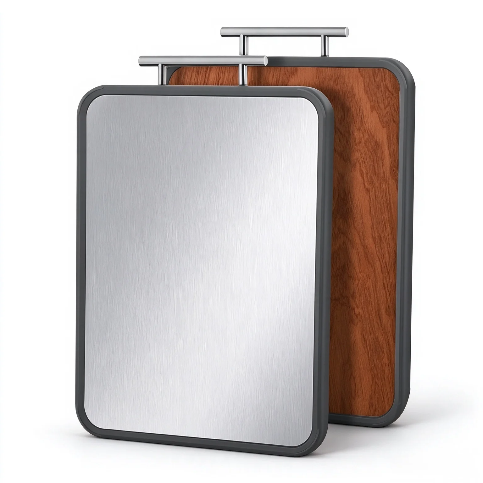 Double Sided Cutting Board, Stainless Steel & Wood Grain Kitchen Chopping Board with Metal Hanging Handle