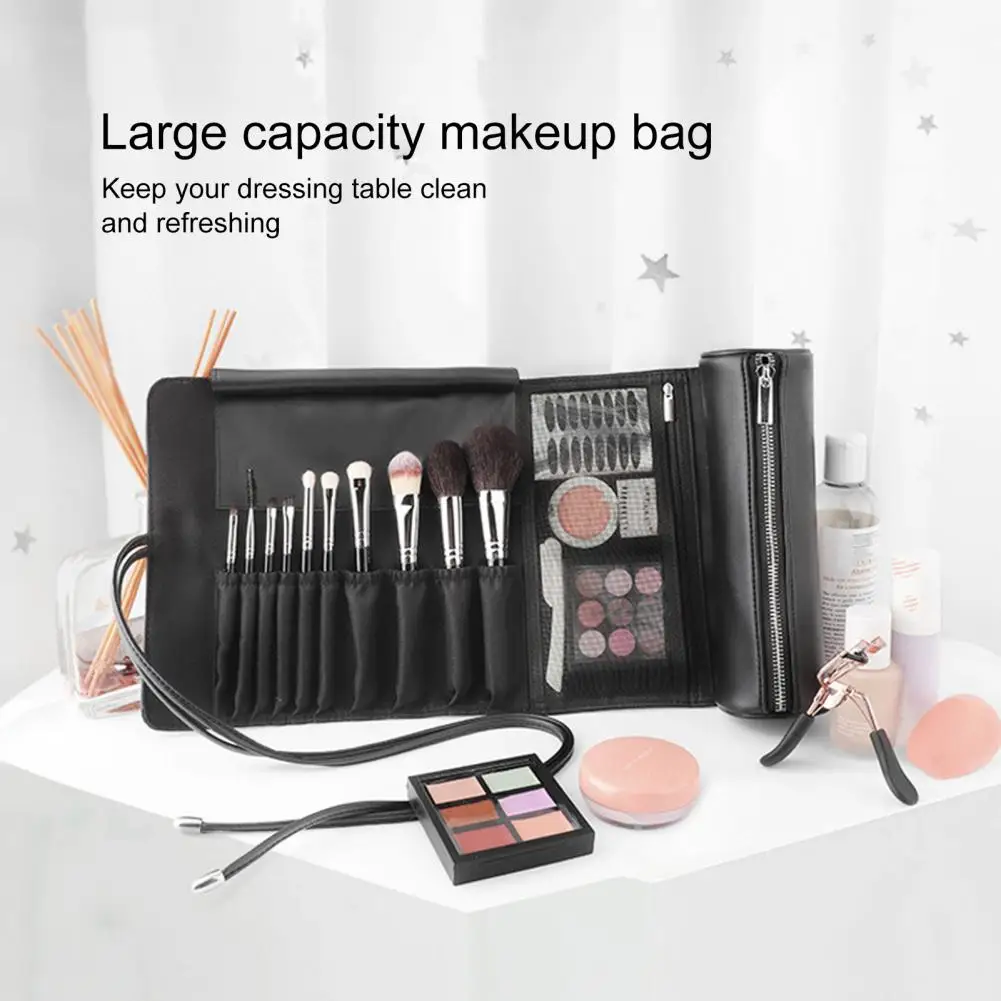 

Faux Leather Makeup Bag Foldable Various Size Pockets Zipper Mesh Bag Waterproof Travel Cosmetic Organizer Toiletry Roller Pouch